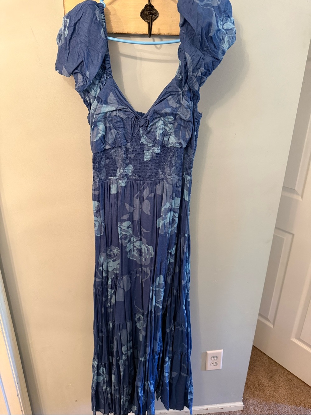 Free People Blue Floral Maxi Dress with Puff Sleeves